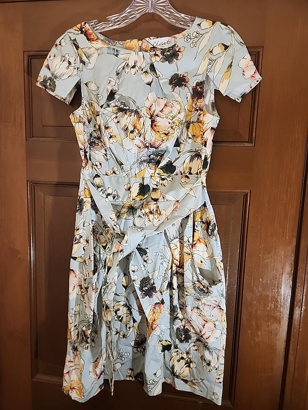 Closet London Blue Floral Fit & Flare Tie Waist Dress Size 6